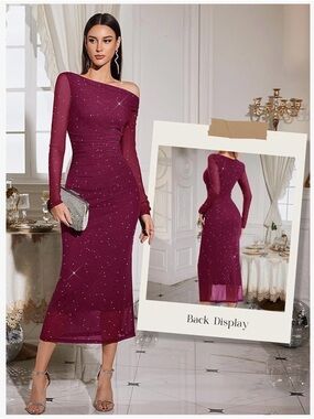 Elegant One-Shoulder Sparkle Midi Dress in burgundy